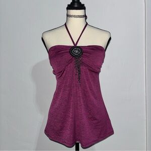 Iz Byer Magenta Halter Blouse with Beaded Medallion
